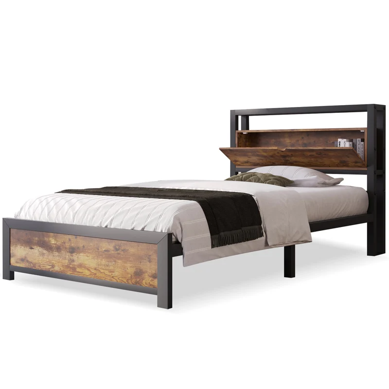 Lit simple industriel avec tête de lit rangement effet bois noyer et noir 90x200cm IKKIEL