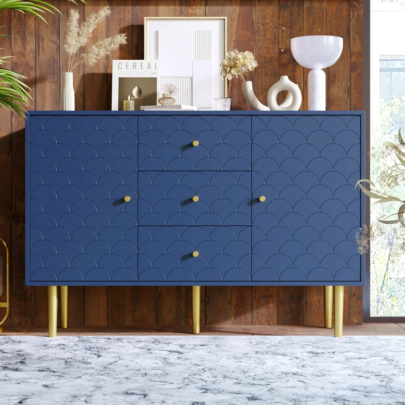 Commode buffet haut avec 2 portes 3 tiroirs bleu marine motif d'écailles H82/B120/T40 AIKETS