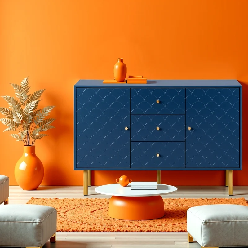 Commode buffet haut avec 2 portes 3 tiroirs bleu marine motif d'écailles H82/B120/T40 AIKETS