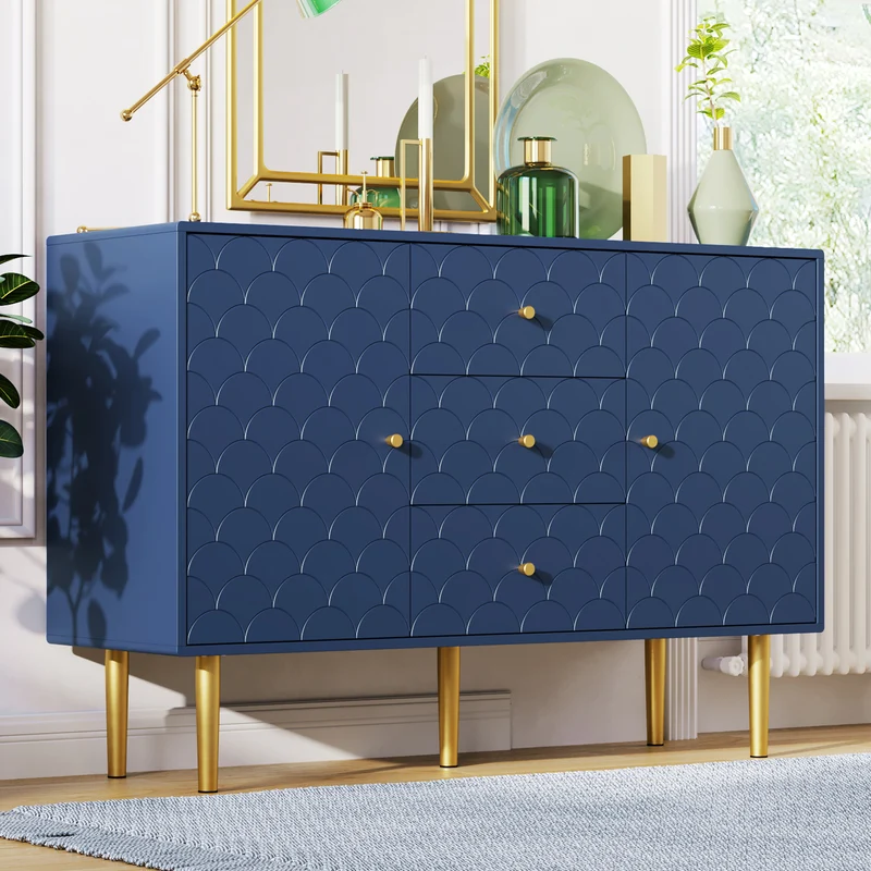 Commode buffet haut avec 2 portes 3 tiroirs bleu marine motif d'écailles H82/B120/T40 AIKETS