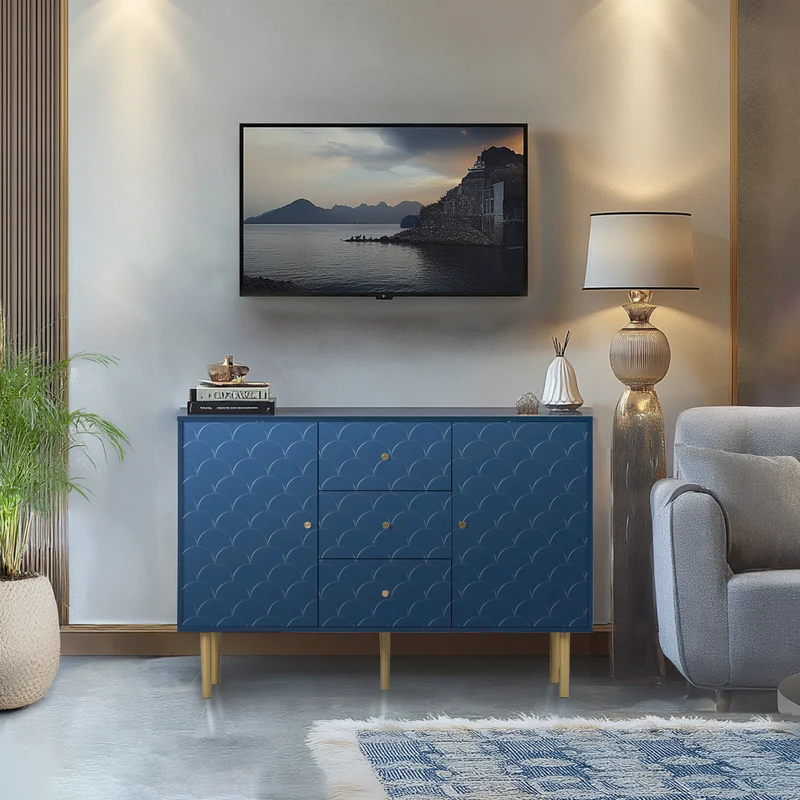 Commode buffet haut avec 2 portes 3 tiroirs bleu marine motif d'écailles H82/B120/T40 AIKETS