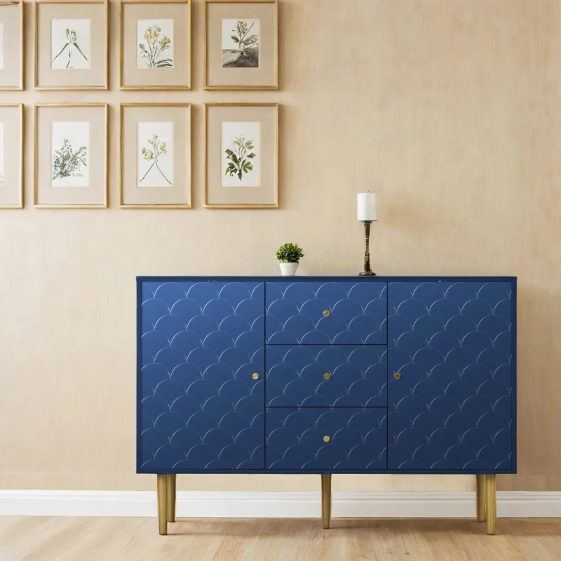 Commode buffet haut avec 2 portes 3 tiroirs bleu marine motif d'écailles H82/B120/T40 AIKETS