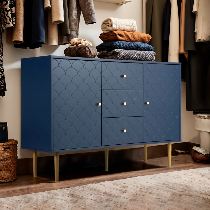 Commode buffet haut avec 2 portes 3 tiroirs bleu marine motif d'écailles H82/B120/T40 AIKETS