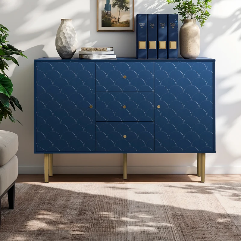 Commode buffet haut avec 2 portes 3 tiroirs bleu marine motif d'écailles H82/B120/T40 AIKETS