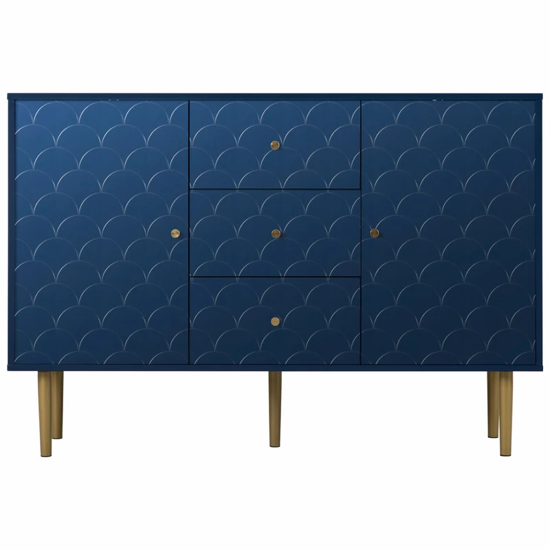 Commode buffet haut avec 2 portes 3 tiroirs bleu marine motif d'écailles H82/B120/T40 AIKETS
