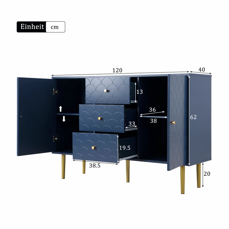 Commode buffet haut avec 2 portes 3 tiroirs bleu marine motif d'écailles H82/B120/T40 AIKETS