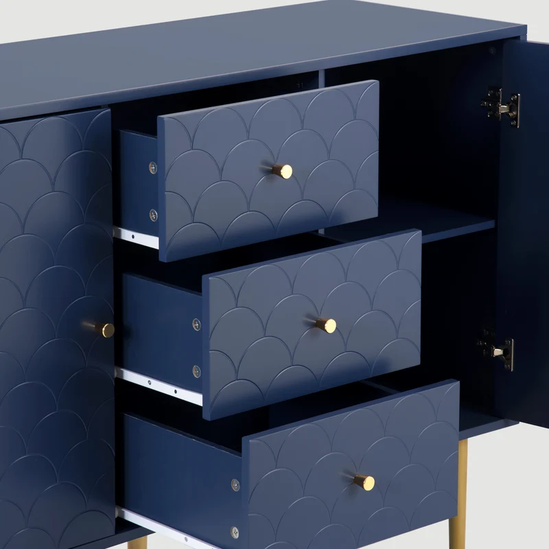 Commode buffet haut avec 2 portes 3 tiroirs bleu marine motif d'écailles H82/B120/T40 AIKETS