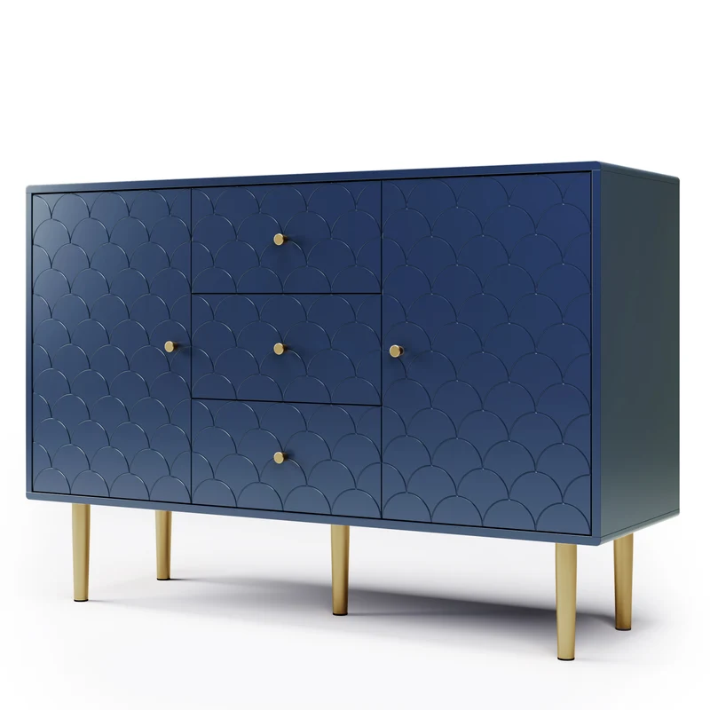 Commode buffet haut avec 2 portes 3 tiroirs bleu marine motif d'écailles H82/B120/T40 AIKETS
