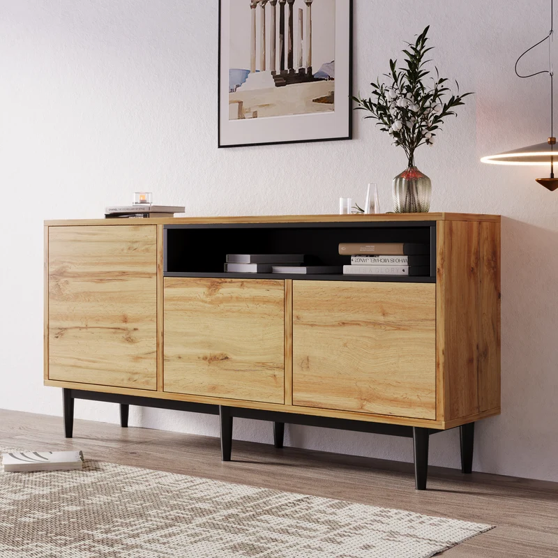 Buffet moderne en bois avec 3 portes 1 niche et étagères 160x35x76 cm OMHAT