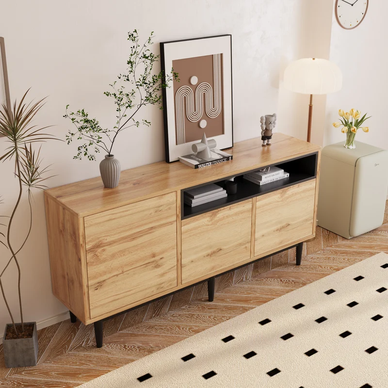 Buffet moderne en bois avec 3 portes 1 niche et étagères 160x35x76 cm OMHAT