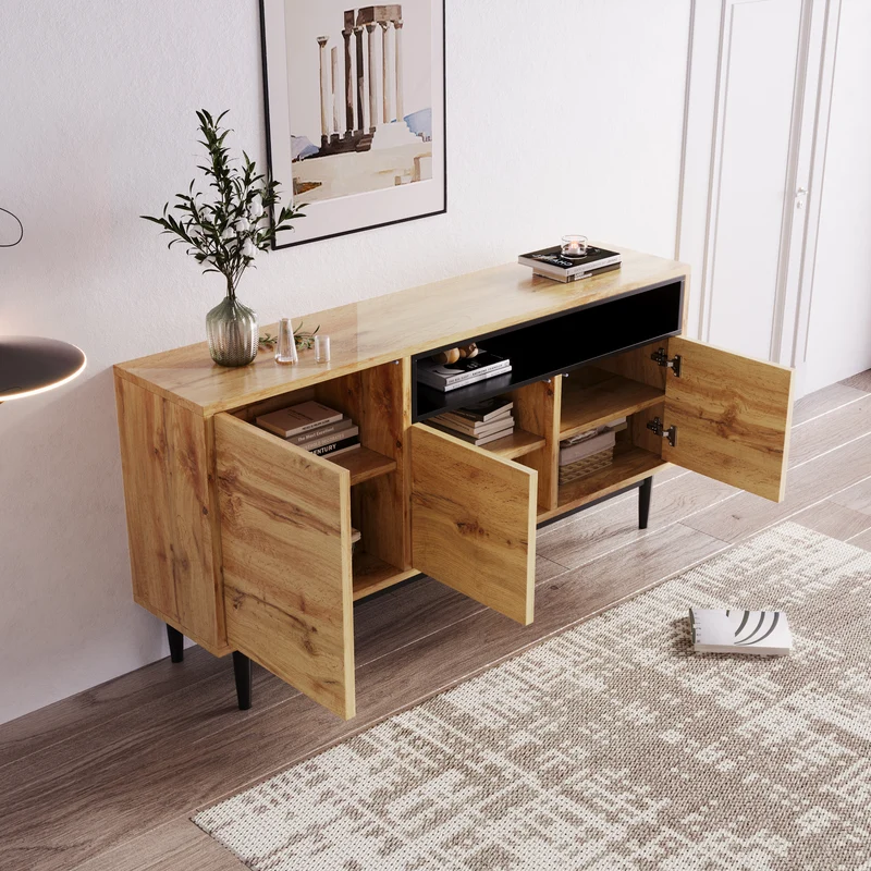 Buffet moderne en bois avec 3 portes 1 niche et étagères 160x35x76 cm OMHAT