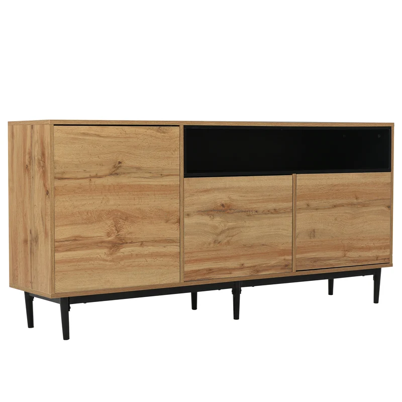 Buffet moderne en bois avec 3 portes 1 niche et étagères 160x35x76 cm OMHAT