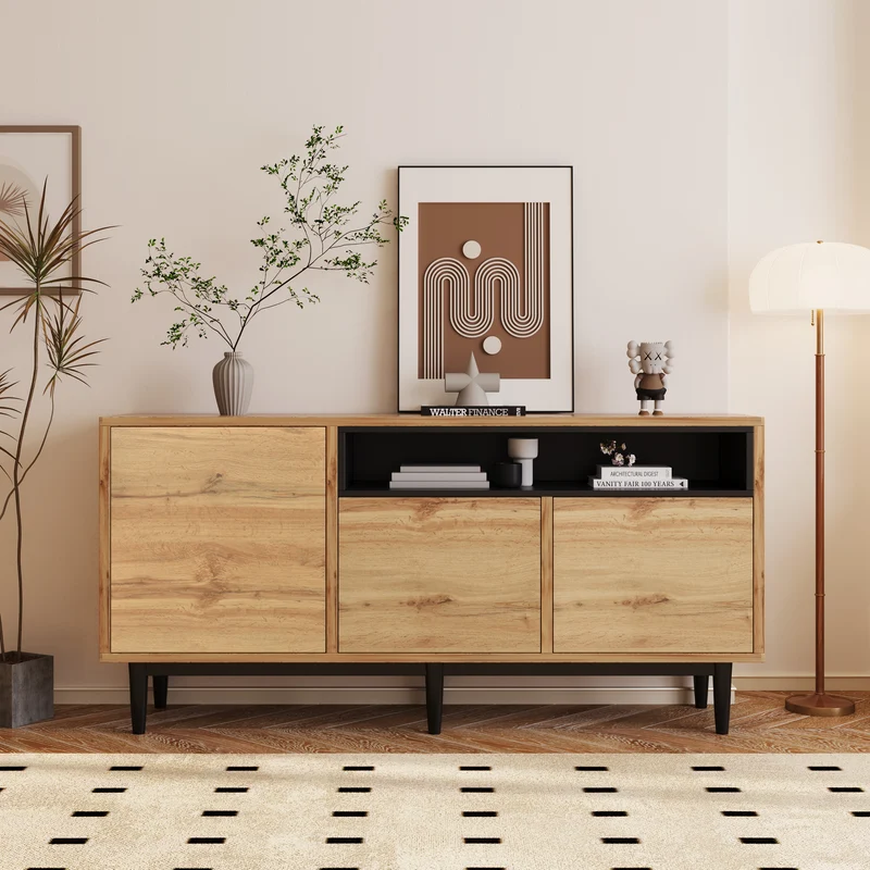 Buffet moderne en bois avec 3 portes 1 niche et étagères 160x35x76 cm OMHAT