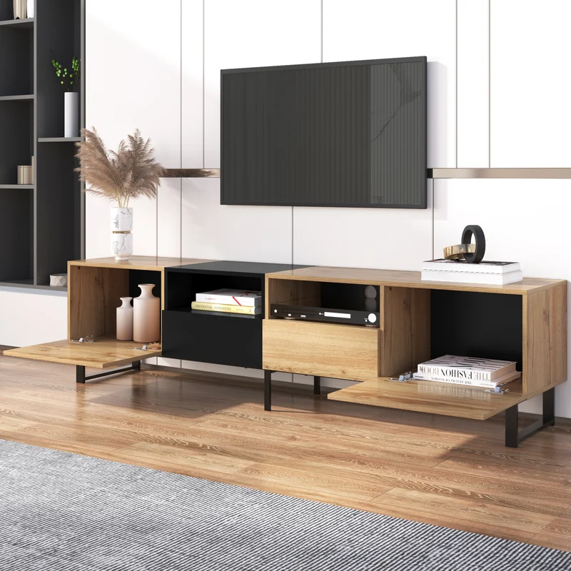 Meuble TV moderne au design noir et bois avec espace de rangement spacieux MODAI