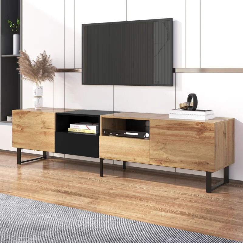 Meuble TV moderne au design noir et bois avec espace de rangement spacieux MODAI