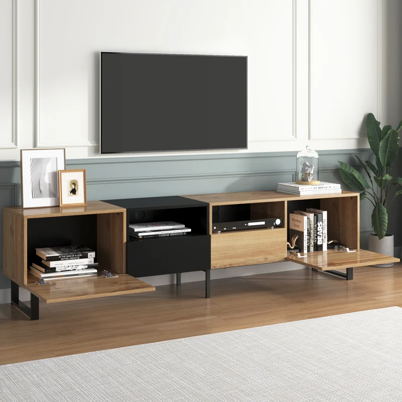 Meuble TV moderne au design noir et bois avec espace de rangement spacieux MODAI