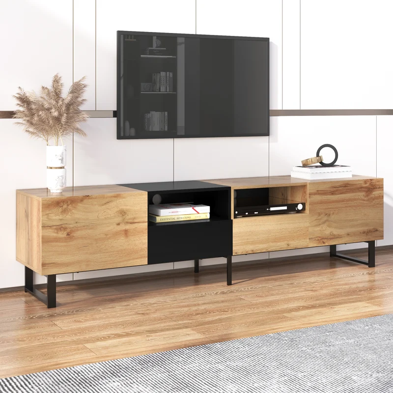 Meuble TV moderne au design noir et bois avec espace de rangement spacieux MODAI