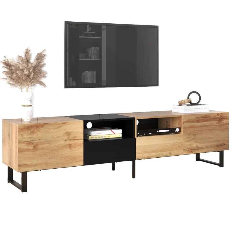 Meuble TV moderne au design noir et bois avec espace de rangement spacieux MODAI