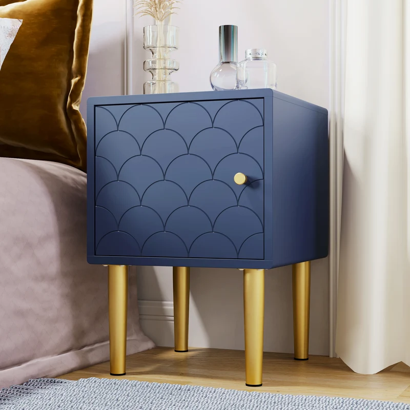 Lot de 2 tables de chevet bleu marine motif d'écailles pieds dorés H50/L35/P35 DRIRQEOX