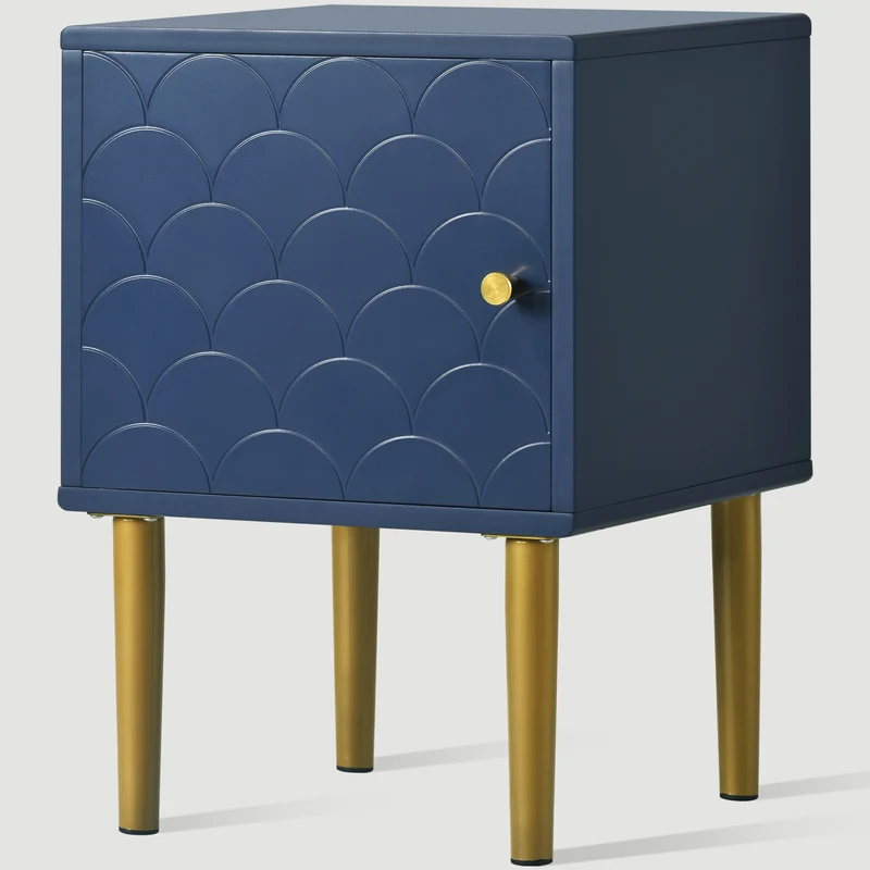 Lot de 2 tables de chevet bleu marine motif d'écailles pieds dorés H50/L35/P35 DRIRQEOX