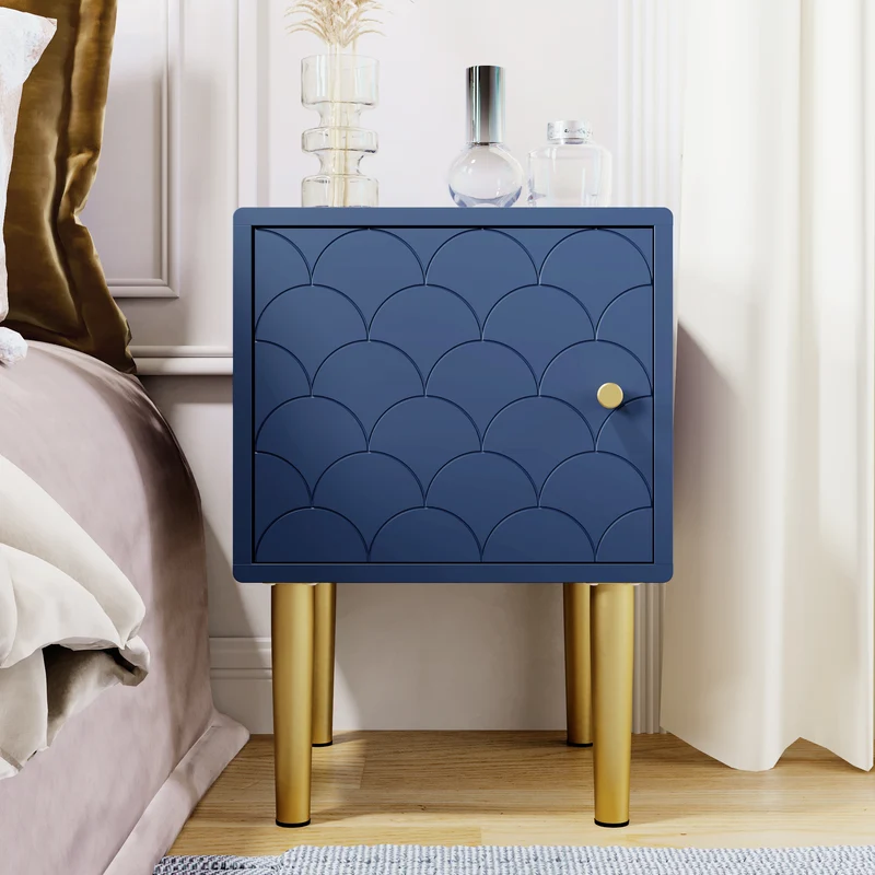 Lot de 2 tables de chevet bleu marine motif d'écailles pieds dorés H50/L35/P35 DRIRQEOX