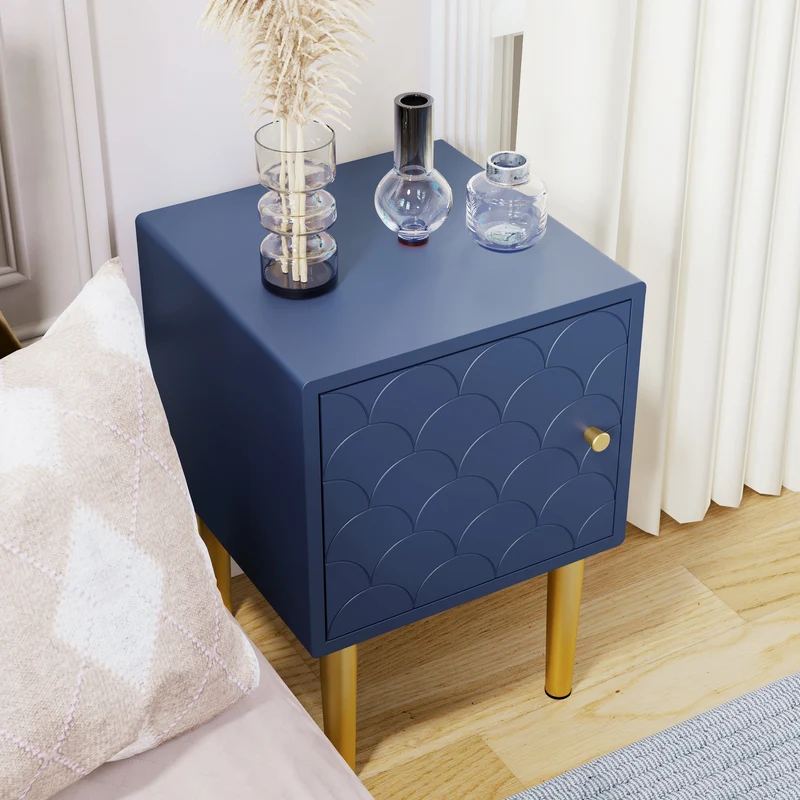 Lot de 2 tables de chevet bleu marine motif d'écailles pieds dorés H50/L35/P35 DRIRQEOX