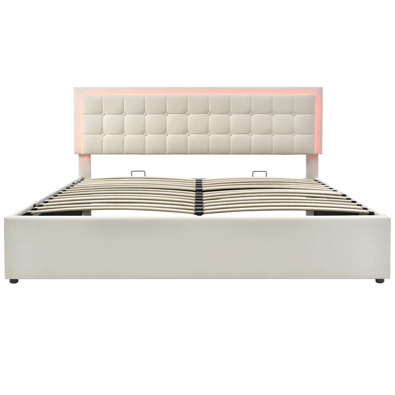 Lit coffre double PU blanc rembourré avec tête de lit haute, éclairage LED 160*200cm STUDDU