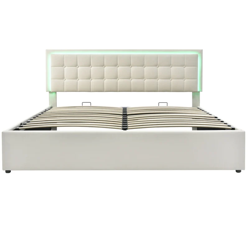 Lit coffre double PU blanc rembourré avec tête de lit haute, éclairage LED 160*200cm STUDDU