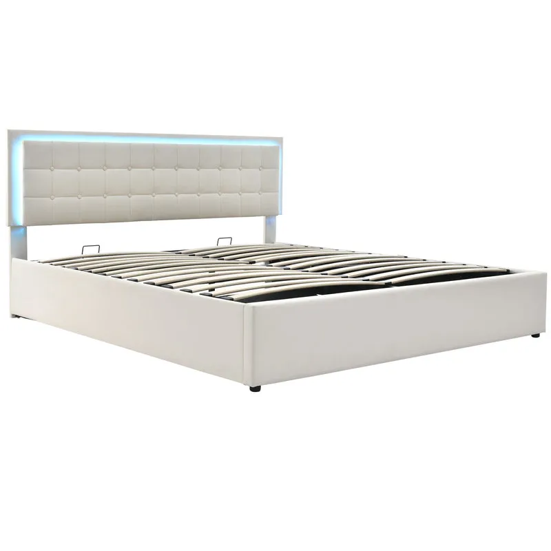 Lit coffre double PU blanc rembourré avec tête de lit haute, éclairage LED 160*200cm STUDDU