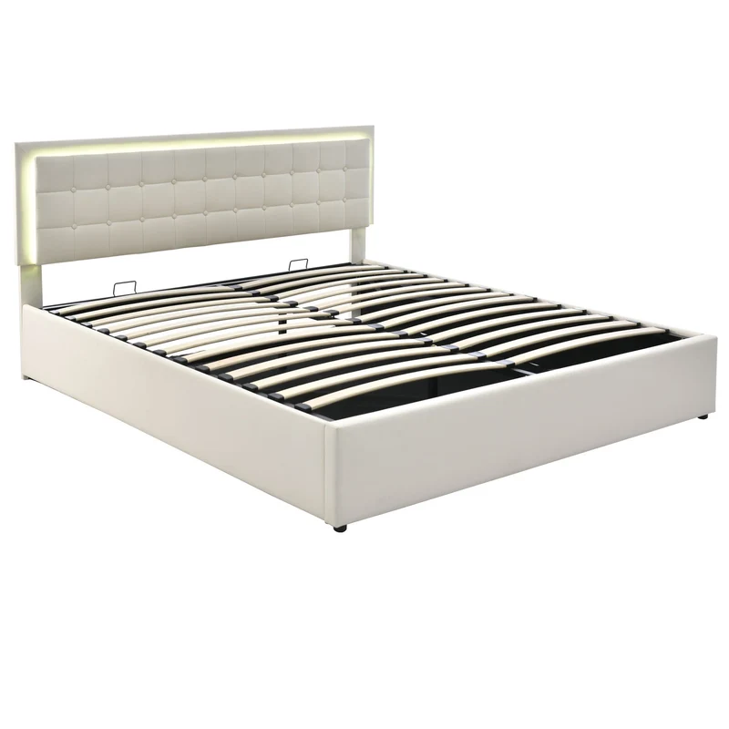 Lit coffre double PU blanc rembourré avec tête de lit haute, éclairage LED 160*200cm STUDDU