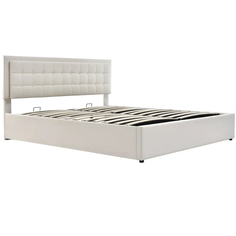 Lit coffre double PU blanc rembourré avec tête de lit haute, éclairage LED 160*200cm STUDDU
