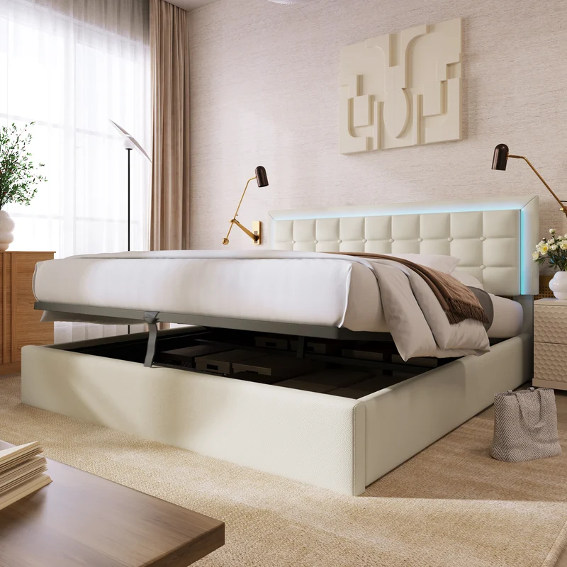 Lit coffre double PU blanc rembourré avec tête de lit haute, éclairage LED 160*200cm STUDDU