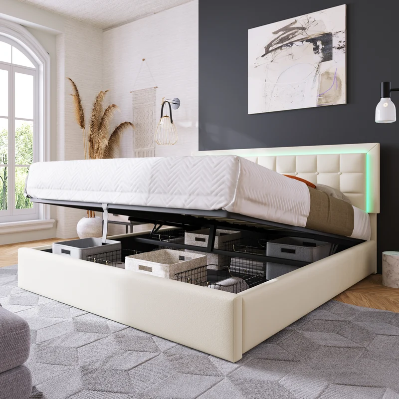 Lit coffre double PU blanc rembourré avec tête de lit haute, éclairage LED 160*200cm STUDDU