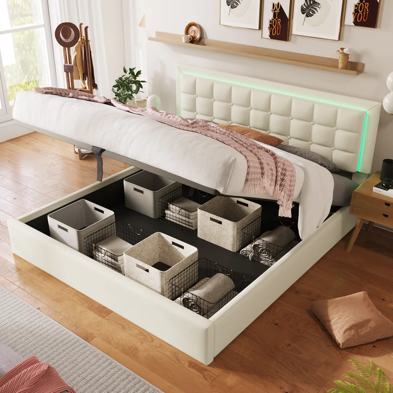Lit coffre double PU blanc rembourré avec tête de lit haute, éclairage LED 160*200cm STUDDU