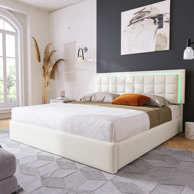 Lit coffre double PU blanc rembourré avec tête de lit haute, éclairage LED 160*200cm STUDDU