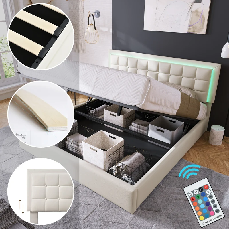 Lit coffre double PU blanc rembourré avec tête de lit haute, éclairage LED 160*200cm STUDDU