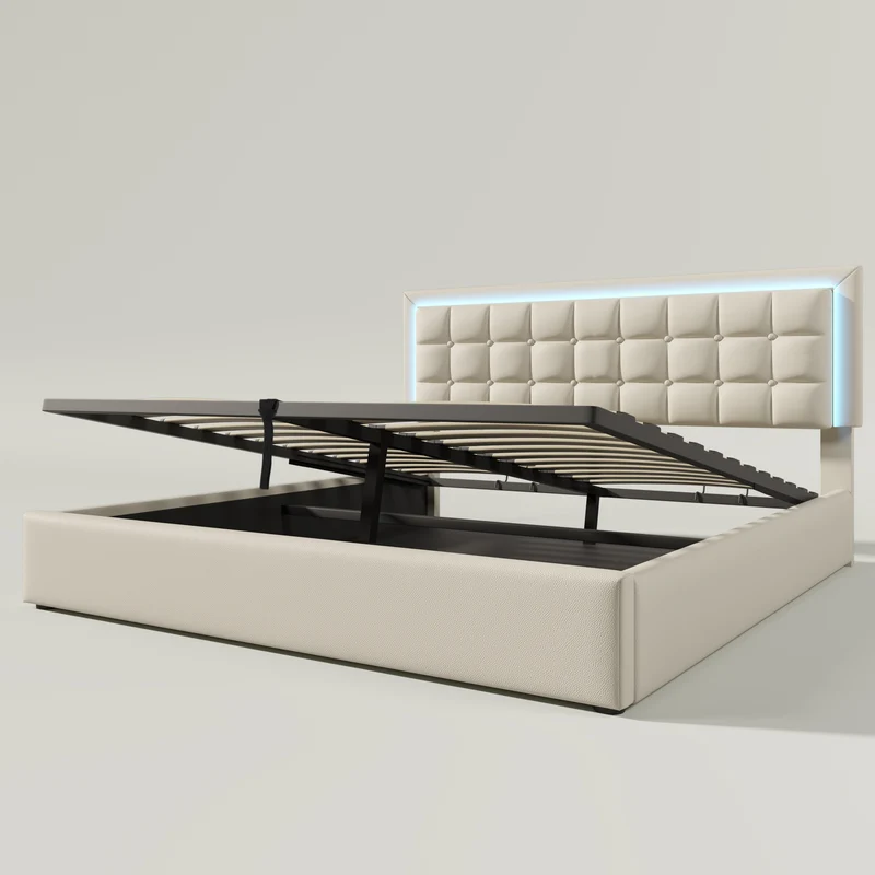 Lit coffre double PU blanc rembourré avec tête de lit haute, éclairage LED 160*200cm STUDDU